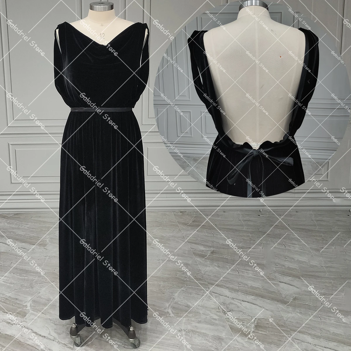 Scoop Neck Drape Open Back Velvet Prom Gowns A Line Simple Customized Full Length Solid Color With Necklace Chain Evening Dress