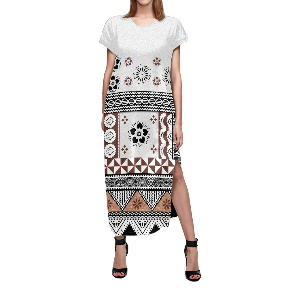 Polynesian Tribal Clothing Samoa White Fijian Print Maxi Dress Women's Summer Side Split 2022 Summer Dresses with Pockets