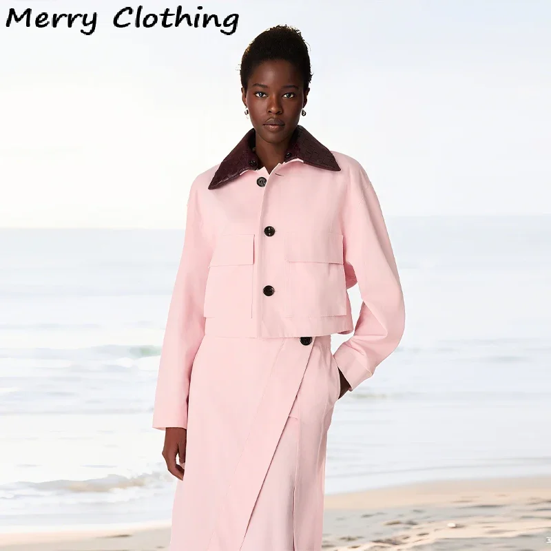 Elegant Pink 2 Pieces Coat Sets Women Detachable Collar Jacket Asymmetrical Skirt Suit 2025 Pink Suit Office Lady Two-piece Set