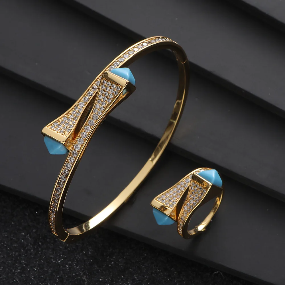 Vintage malachite bracelet ring set Upscale Jewelry Zircon micropaved 18K gold electroplated gold bangle  For women accessories