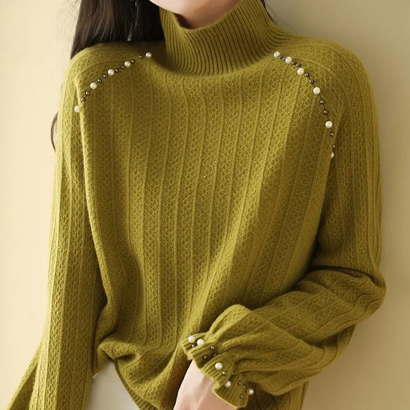 Stylish Beading Basic Knitted Jumpers Autumn Winter Casual Half High Collar Female Clothing Vintage Solid Color Loose Sweaters