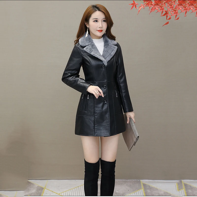 Women Faux Leather Jacket Thick Velvet 2024 New Korean Autumn/Winter Long Slim Fit PU Coat