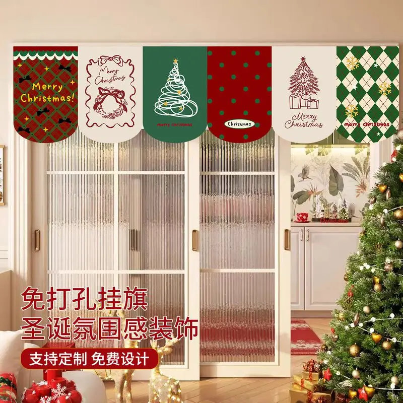 VIKAMA Christmas Theme Printed Triangle Flag Half Curtain Xmas Kitchen Window Short Curtain Doorway Partition Holiday Home Decor