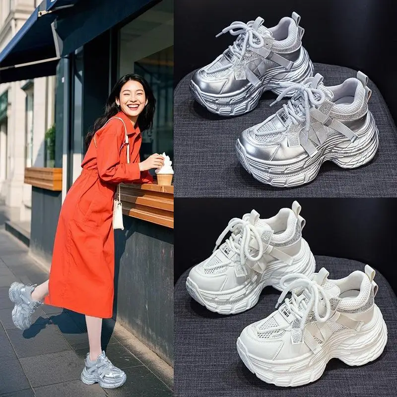 

Real Leather Dad Shoes Women's New Style Thick Bottom Diamond Net Surface Sports Shoes Casual round Toe mid Heel PU Insole
