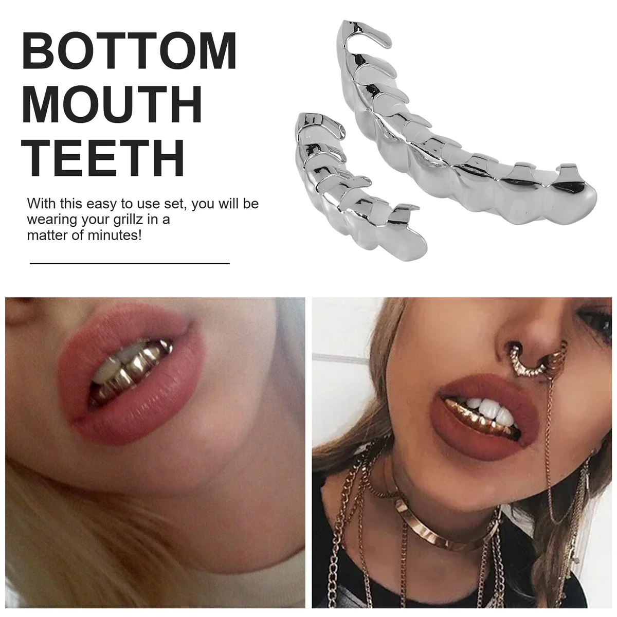 جديد الهيب هوب الأسنان مجموعة أعلى أسفل الفم الأسنان الشوايات الأزياء القابلة للإزالة شوايات الأسنان مجوهرات (فضي + أبيض)