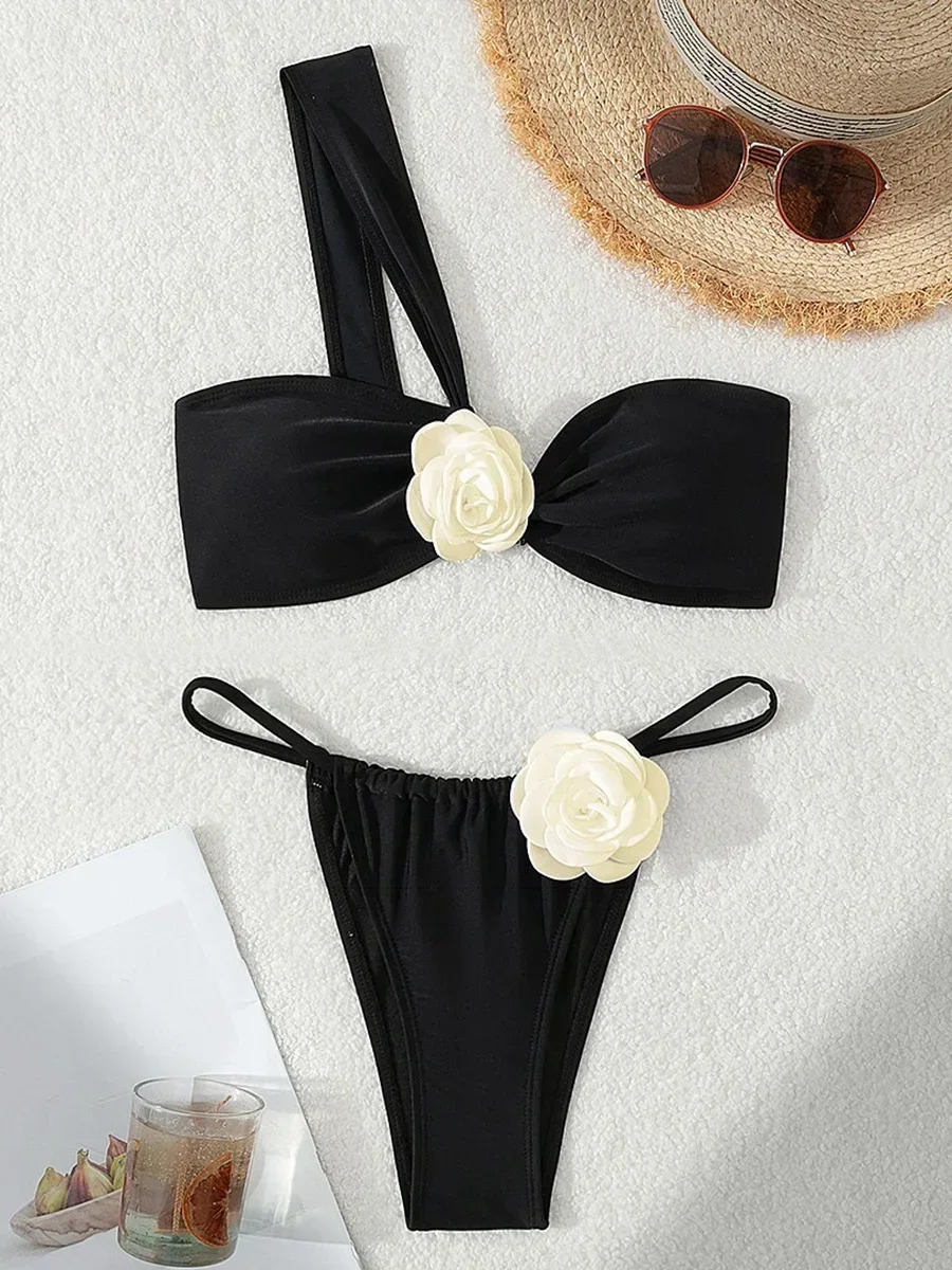 Bikini de un hombro con flores en 3D para mujer, traje de baño femenino de banda, conjunto de Bikini de dos piezas, traje de baño de corte alto, ropa de playa