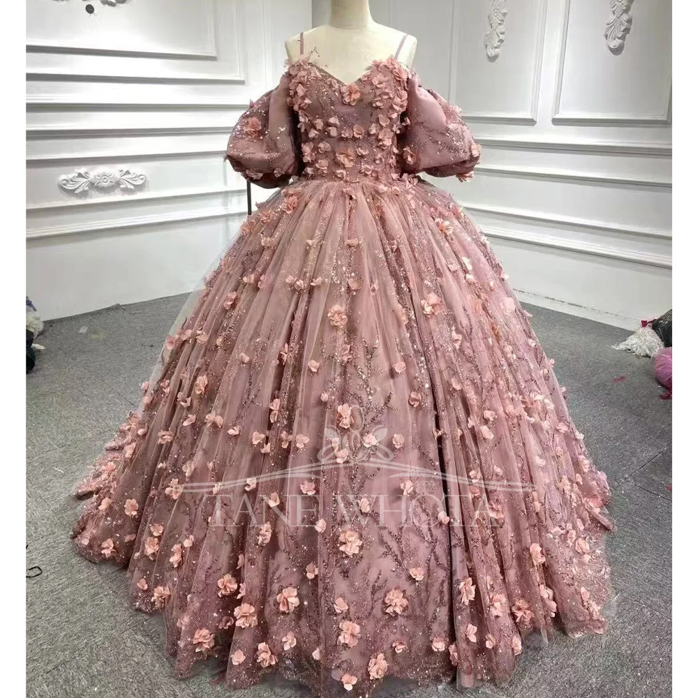 Luxury Pink Lace Evening Dress 2026 Sweetheart Style With Sequined Appliques Lantern Sleeves Customized Long Gown For Women