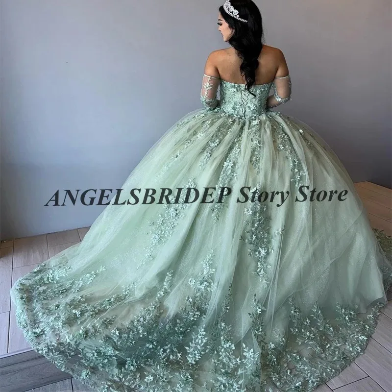 Зеленое мексиканское платье Quinceanera ANGELSBRIDEP, прозрачное милое платье с длинным рукавом 15 16, платья 15 лет, аппликация, платье для торжества на день рождения