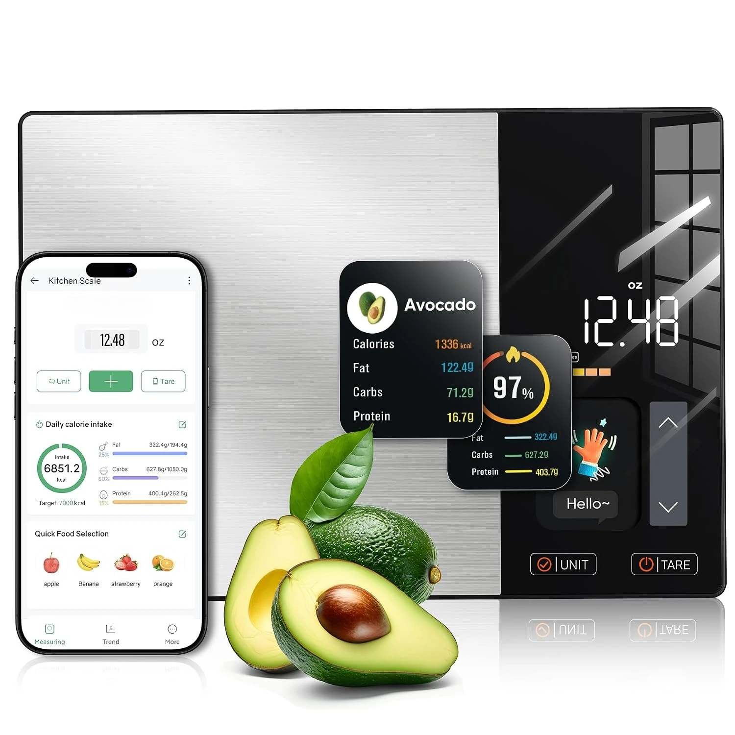 Kitchen Scale Stainless Steel 5000g with TFT Display Smart App Tracks Calories Fat Carbs Protein 23 Nutrients