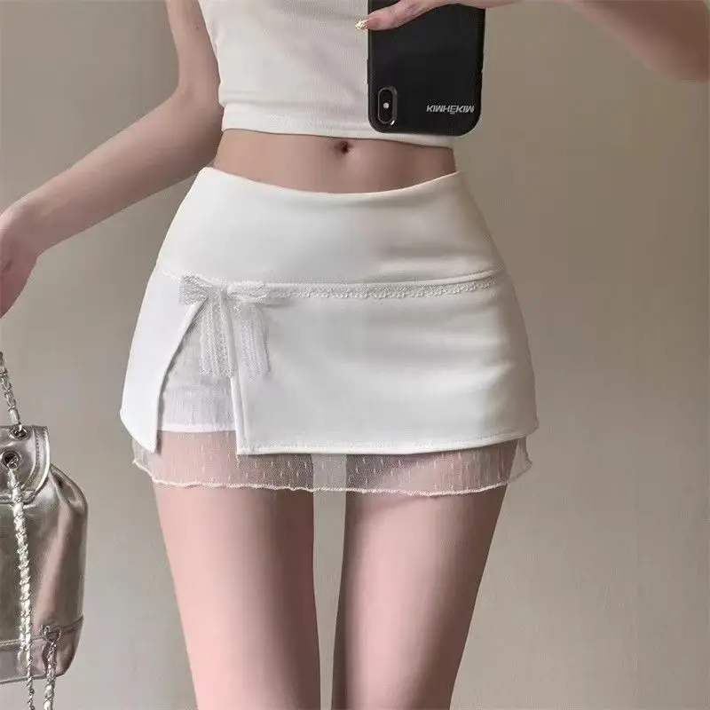 

Sweet Lace Splicing Skirt Women's Summer Anti-Aging Knot Wrap A-Line Skirt High Waist Short Skirt Polyester Fiber