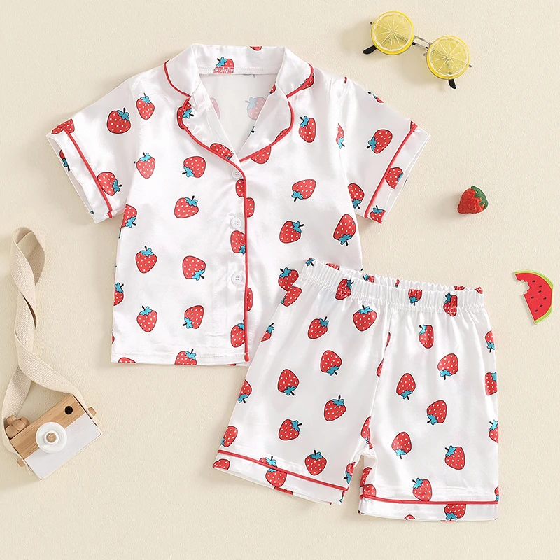 

Suefunskry Baby Girl 2Pcs Pajama Set Short Sleeve Strawberry Print Button Shirt + Shorts Set Kid Loungewear Casual Homewear