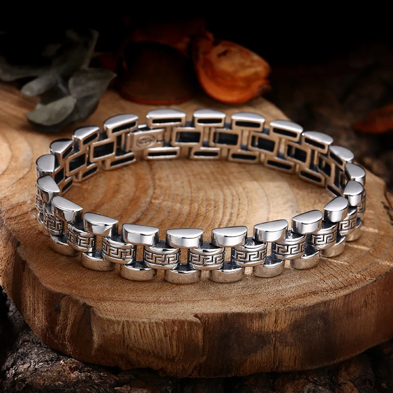 925 Sterling , Chain, Textured Strap Bracelet, Thai Silver Vintage Jewelry
