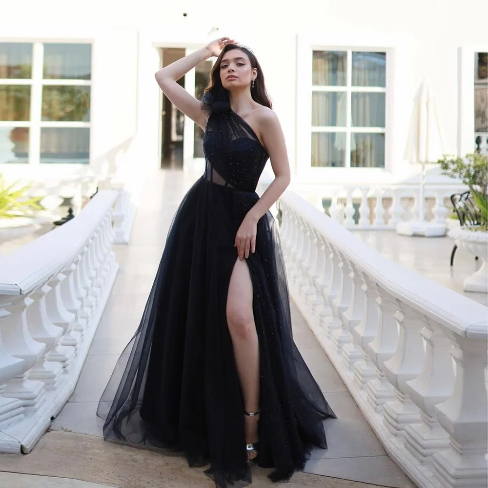 

Chic One Shoulder Tulle Formal Prom Dress with Pearls A-line Backless Floor-Length Prom Gown with Side Slit vestidos de festa