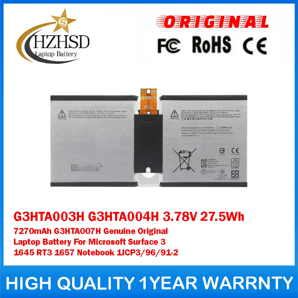 

G3HTA003H G3HTA004H 3.78V 27.5Wh 7270mAh G3HTA007H Genuine Original Laptop Battery For Microsoft Surface3 1645 RT3 1657 Notebook