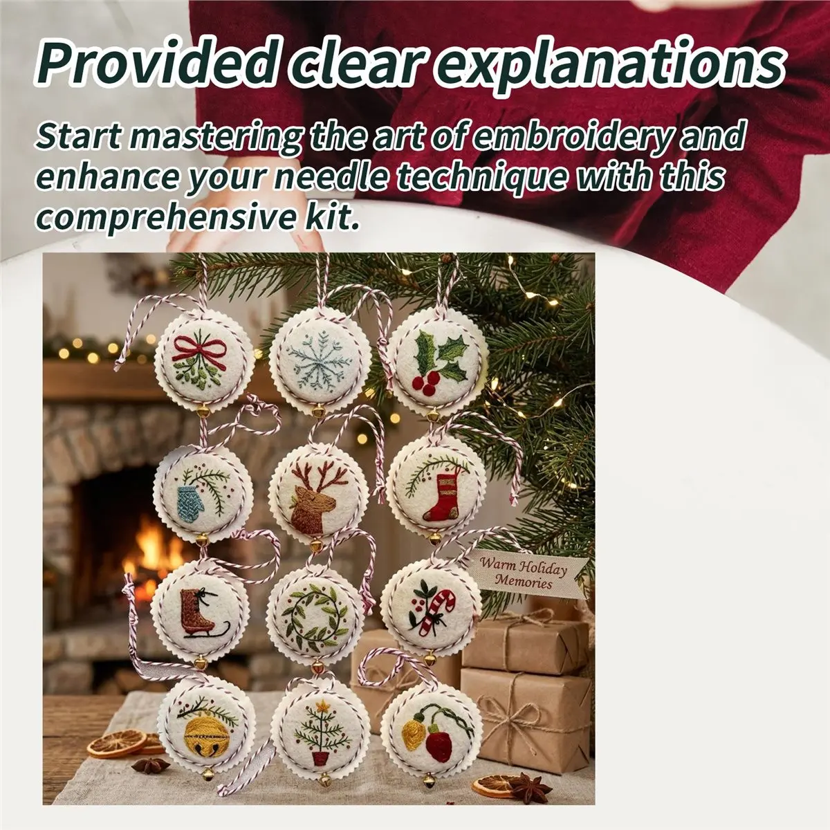 finefine Jolly and Bright Hand Embroidery Ornaments Kit,Christmas Embroidery Kit,Festival Ornament Kits