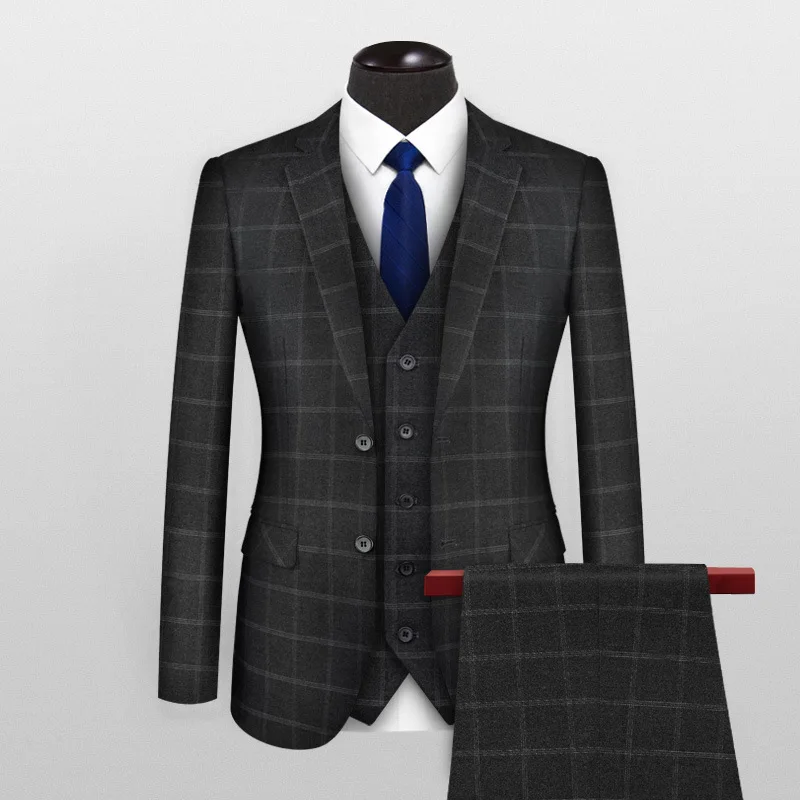 H116 Spring and Autumn Men's Suit Set Plaid Blue Business Professional Slim Fit Groomsmen Dress