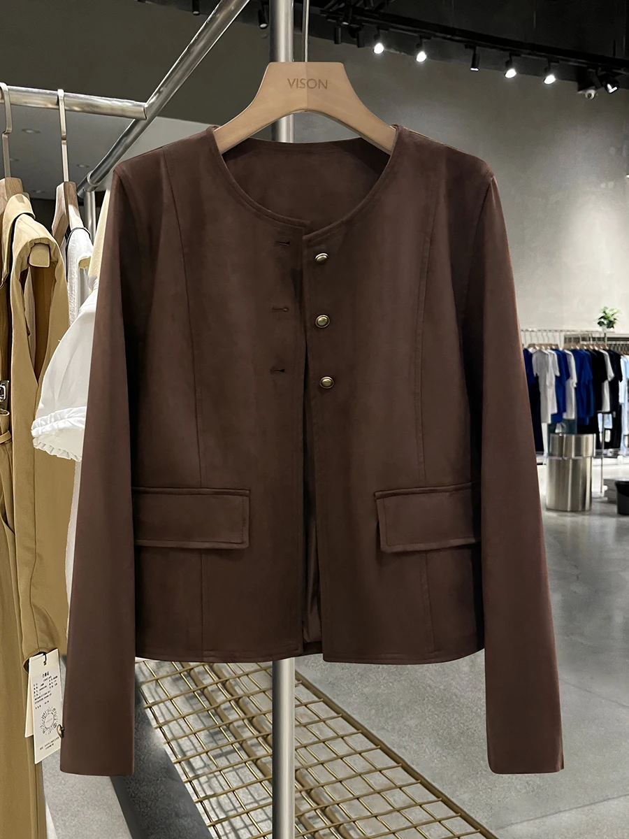 Casaco Curto Feminino de Camurça Bury para Primavera/Outono, Estilo Retrô, Roupa de Trabalho, Cor Pura, Corte Reto, Manga Longa, Fechamento com Botões