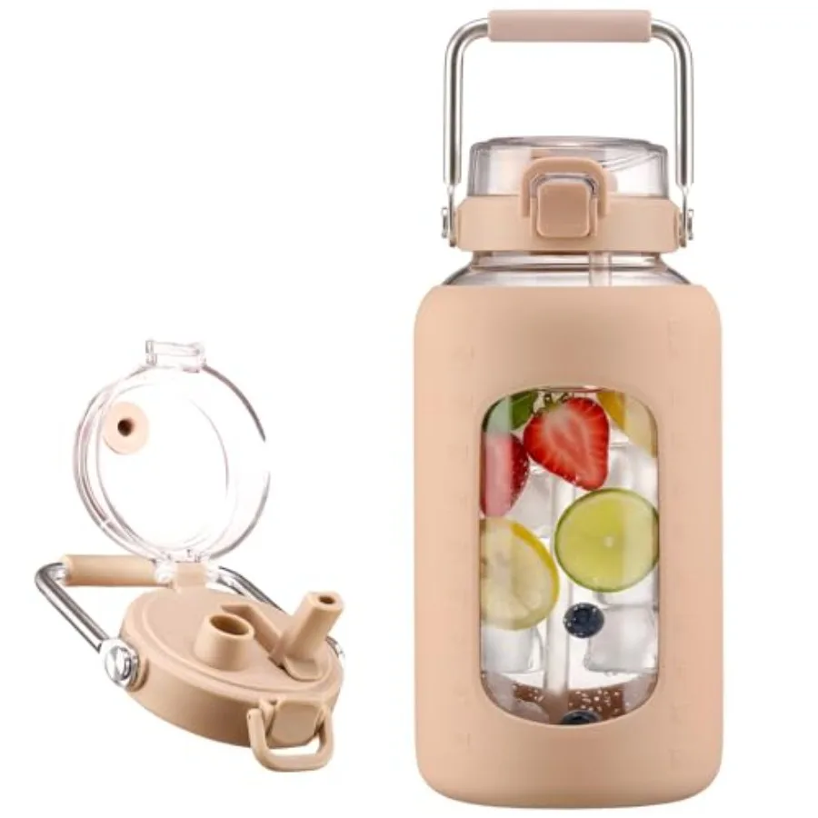 

Стеклянные бутылки для воды объемом 84 унции (2,5 л) с прочной ручкой из нержавеющей стали, большой объем, с крышкой для питья с трубочкой и для прямого питья, силиконовый чехол.