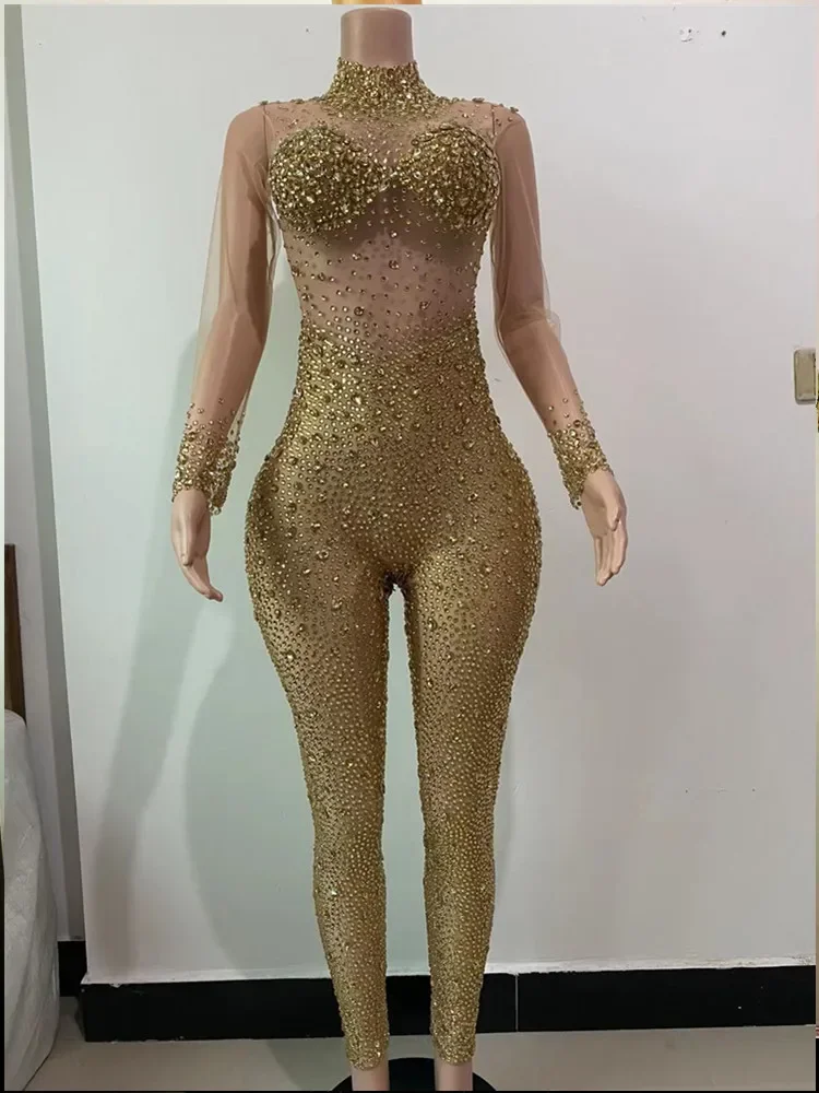 Luxurious Rhinestones Leotard Pants Women Evening Prom Party Birthday Outfit Sexy Mesh Dance Costume Crystal Bodysuit Stage Wear