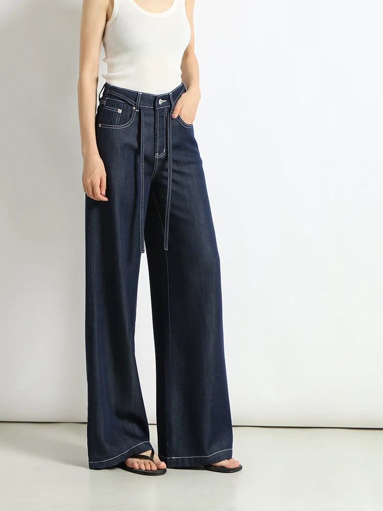 

Non-Fading 00% Lyocell Wide Leg Floor-Length Belted Straight Jeans Women Summer Mid-High Waist Slimming Long Trousers