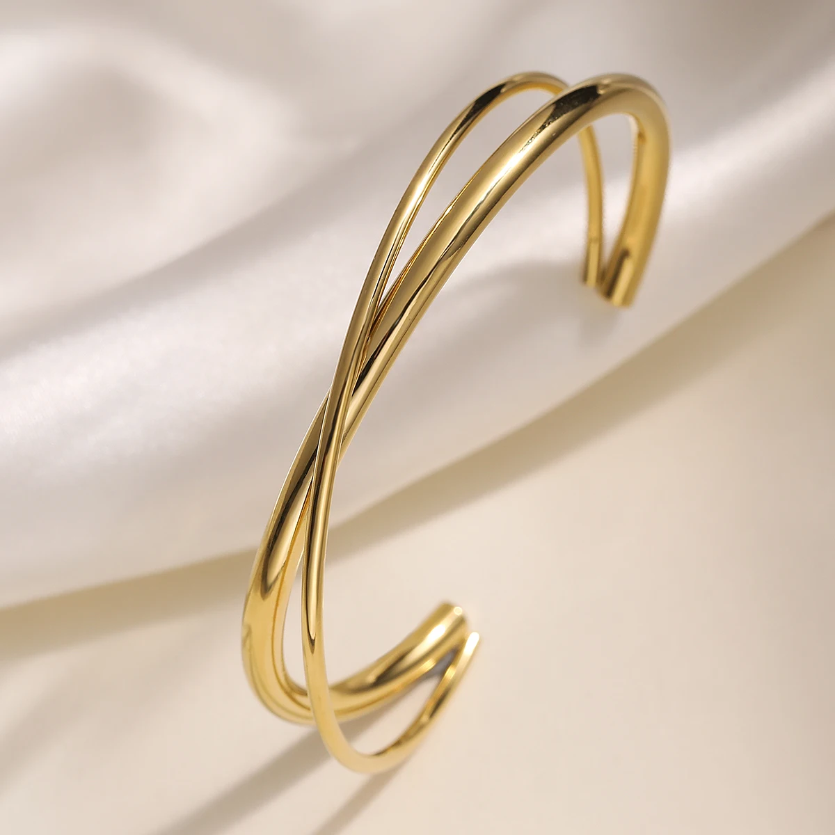 Waterproof Stainless Steel Twisted Cuff Bracelet Gold Plated Adjustable Open Bangle Non Tarnish Ladies Jewelry
