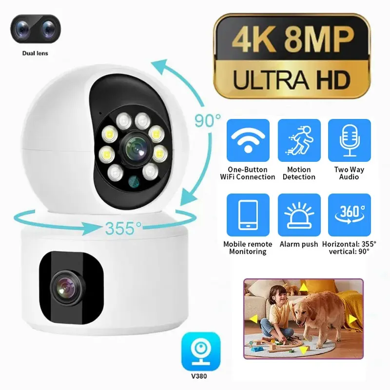 8MP 4K WIFI Security Camera Dual Lens Dual Screen PTZ Camera Indoor Human Detect Two-Way Audio CCTV Surveillance Wireless Camera