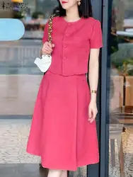 ZANZEA Women Solid Skirt set eleganti top a maniche corte gonna corta a pieghe Summer Office Dress outfit bottoni Casual 2 pezzi Suit