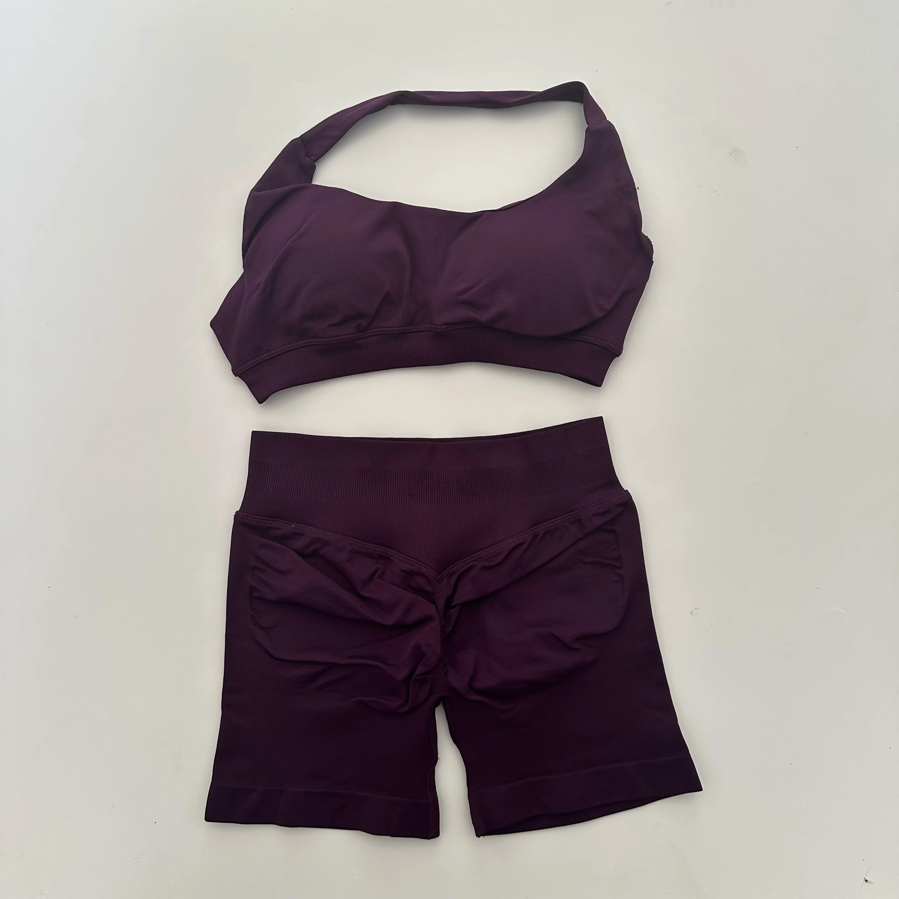 Conjunto de Yoga sin costuras de 2 piezas, pantalones cortos de impacto, Halter Sujetador deportivo, ropa de Fitness, traje de gimnasio