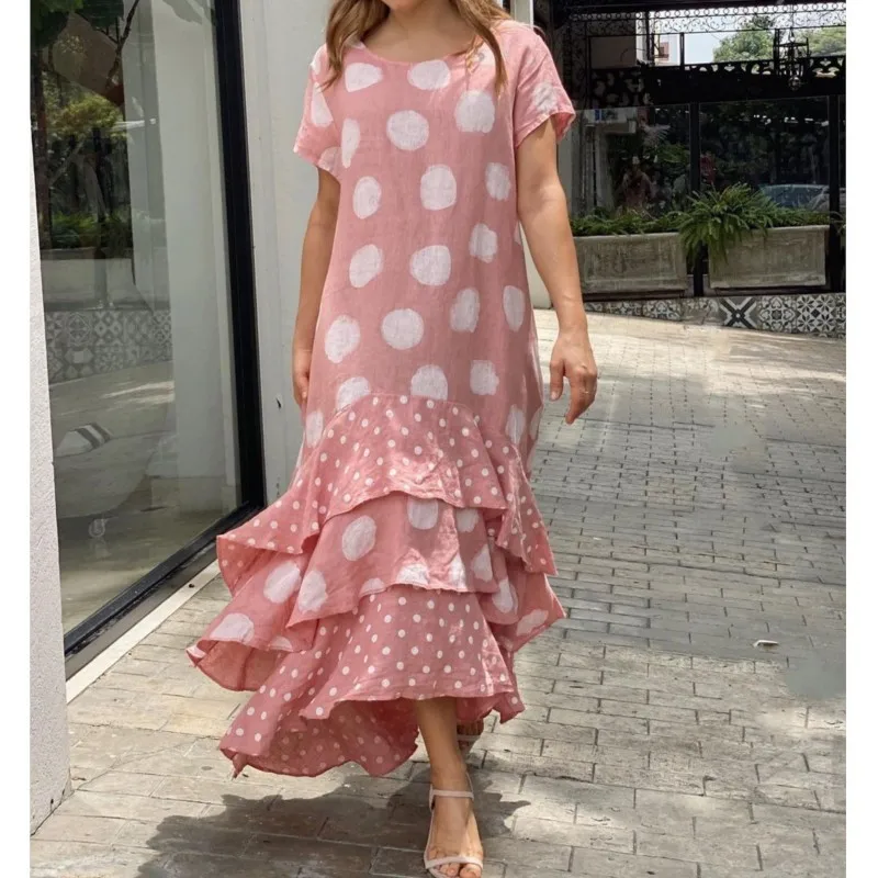 Elegant Ruffle Patchwork Irregular Dress 2024 Summer Short Sleeve Round Neck Polka Dot Long Dress Women's Clothing Vestido Mujer