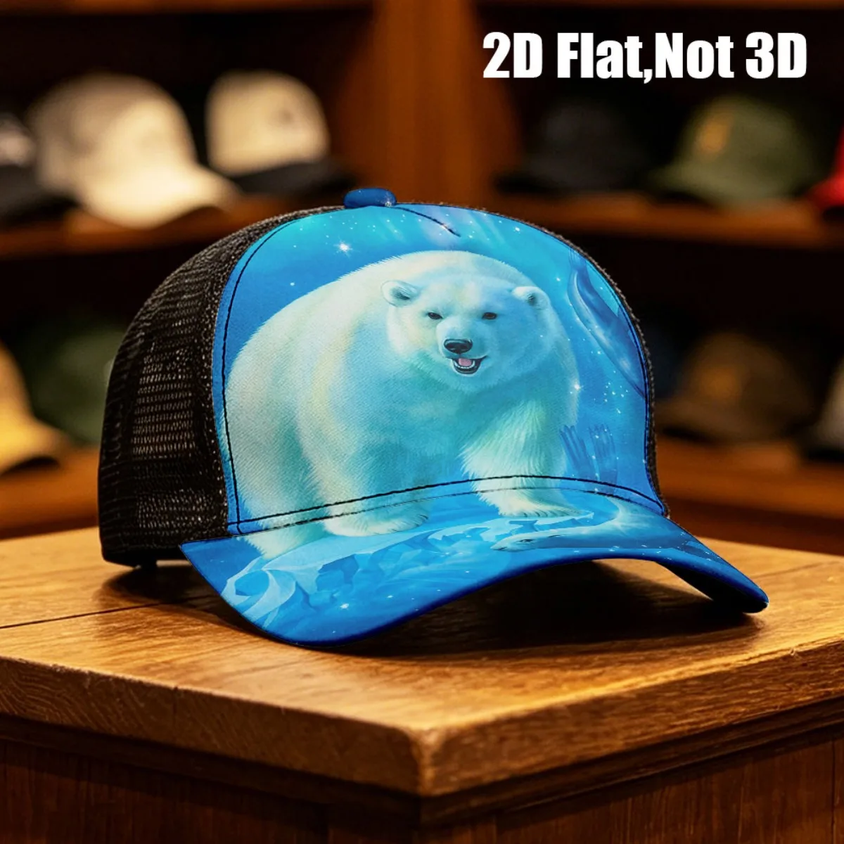 1pc 2D Flat Baseball Cap with Magical Polar Bear Seals Northern Lights Art Print Adjustable, Durable, Lightweight
