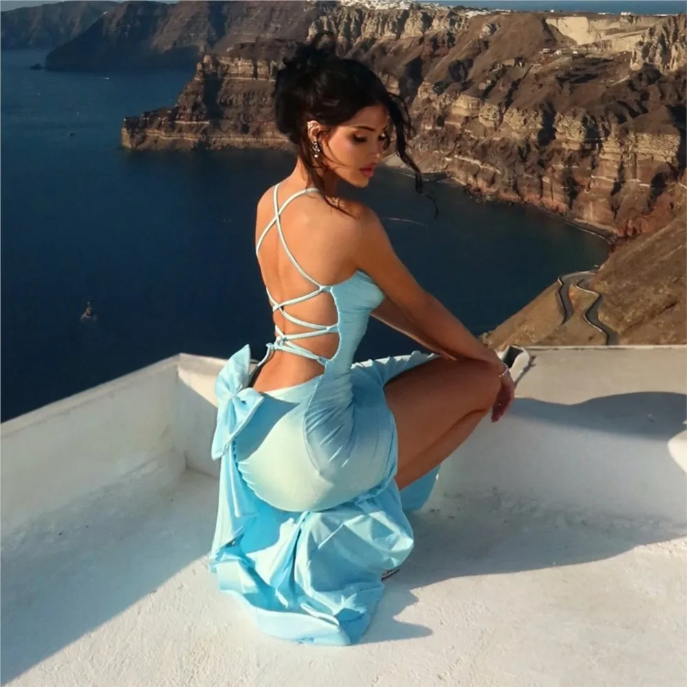 Feestjurken 2025 Vrouw Backless Beachwear Vestidos Slit Sexy Avondjurk Effen Kleur Elegante Spaghetti Strik Trendy