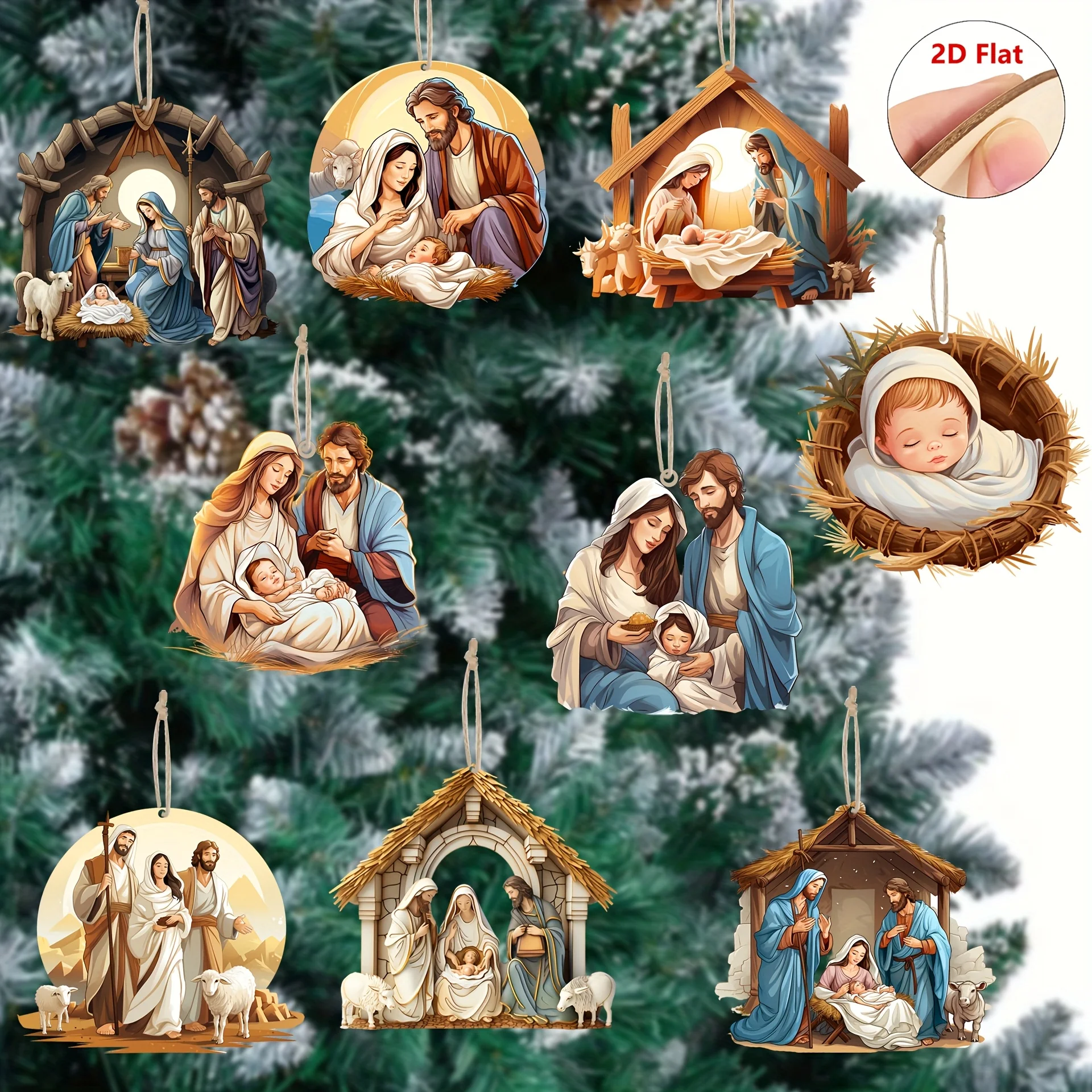 9 Stück Jesus-Anhänger aus Holz zum Aufhängen, 2D-Flach, für drinnen und draußen, religiöse Feiertage, Party-Dekoration, Weihnachtsbaumschmuck