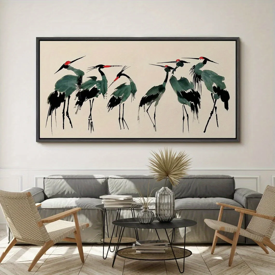 (1PC Unframe)Asian Watercolor Painting Print - Green Long-Legged Crane Bird Art, Modern Classic Art Deco Minimalist Unframed Can