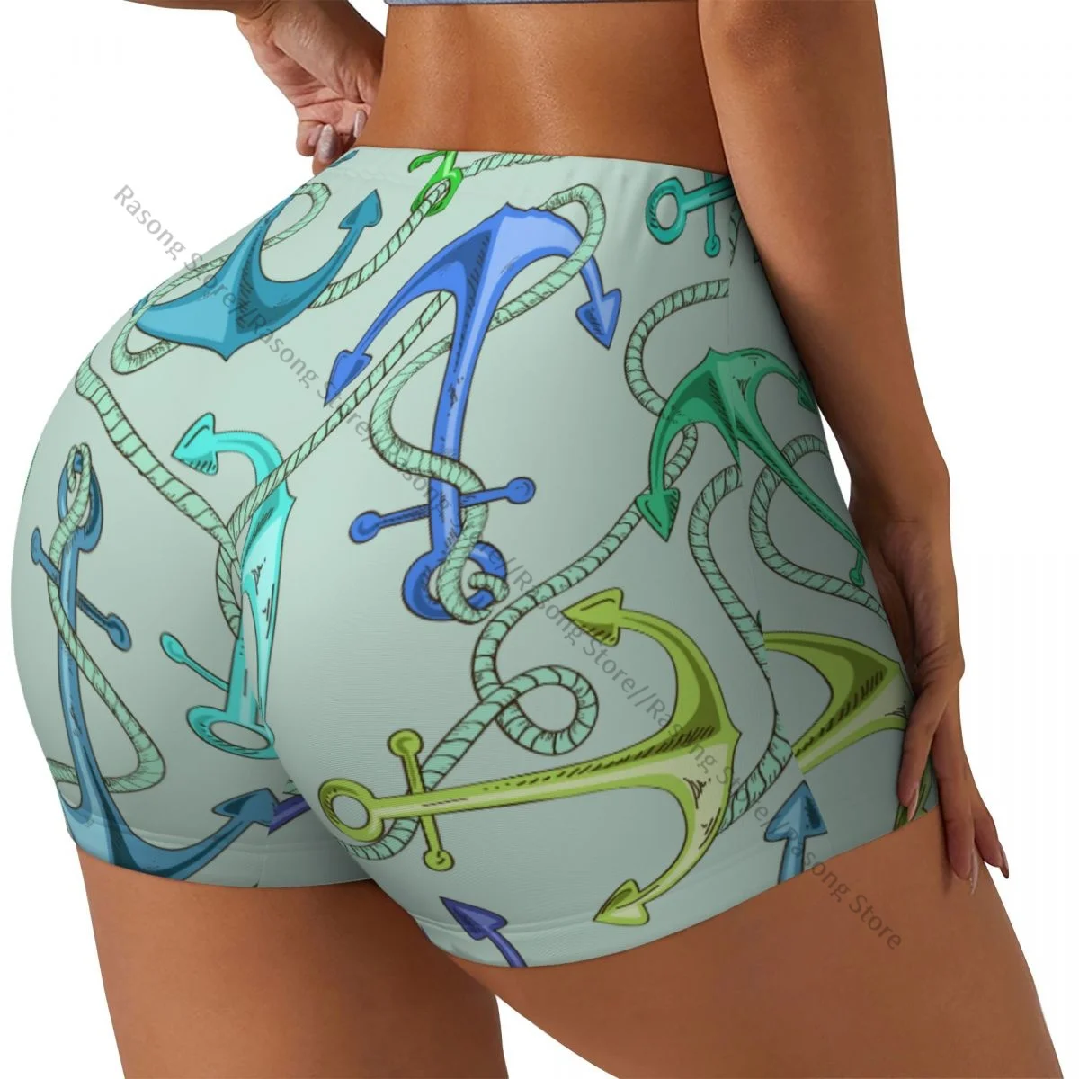 

Короткие эластичные шорты для бега с эффектом пуш-ап, синие, зеленые, морские якоря и веревка, спортивные шорты, женская одежда, тренажерный зал