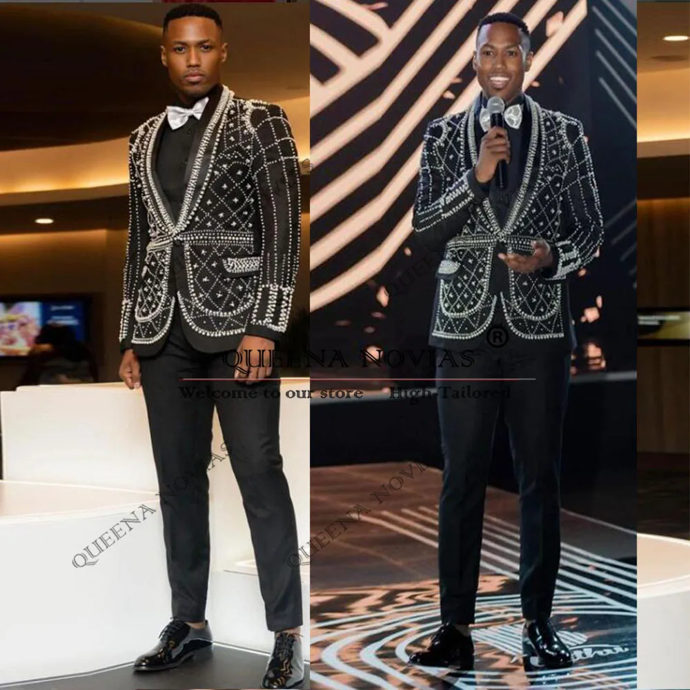 

White Pearls Beaded Groom Wedding Suits Customized Single Breasted Jacket Pants 2 Pieces Banquet Dresses traje de hombre elegant