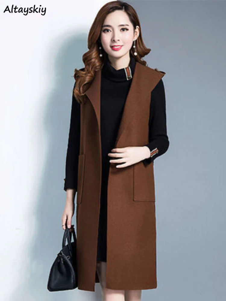 

Hooded Vests Women Long Style Sleeveless Autumn Outerwear All-match Pure Pockets Design Streetwear Females New Arrival Mujer Ins