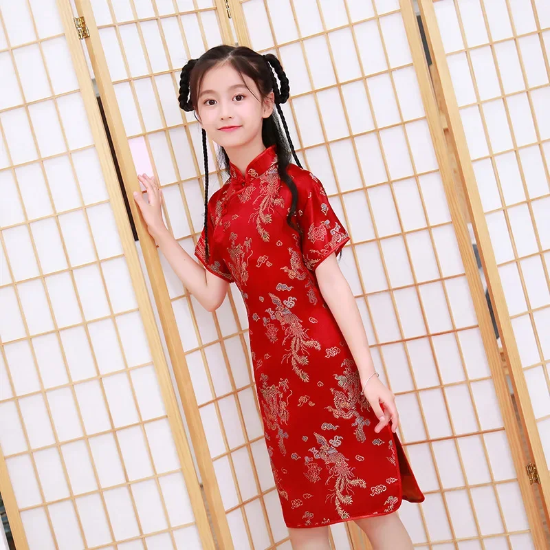 Robe de princesse Qipao brodée pour enfants, Cheongsam Dragon Phoenix, robes de Style chinois, vêtements de nouvel an, cadeau