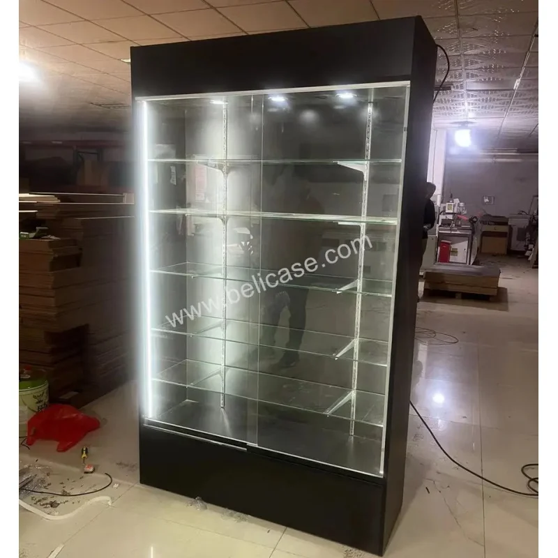 Custom, Goedkope Prijs Glazen Display Met Led Licht En Lock Muur Vitrine Winkel Winkel Meubelen Houten Kast