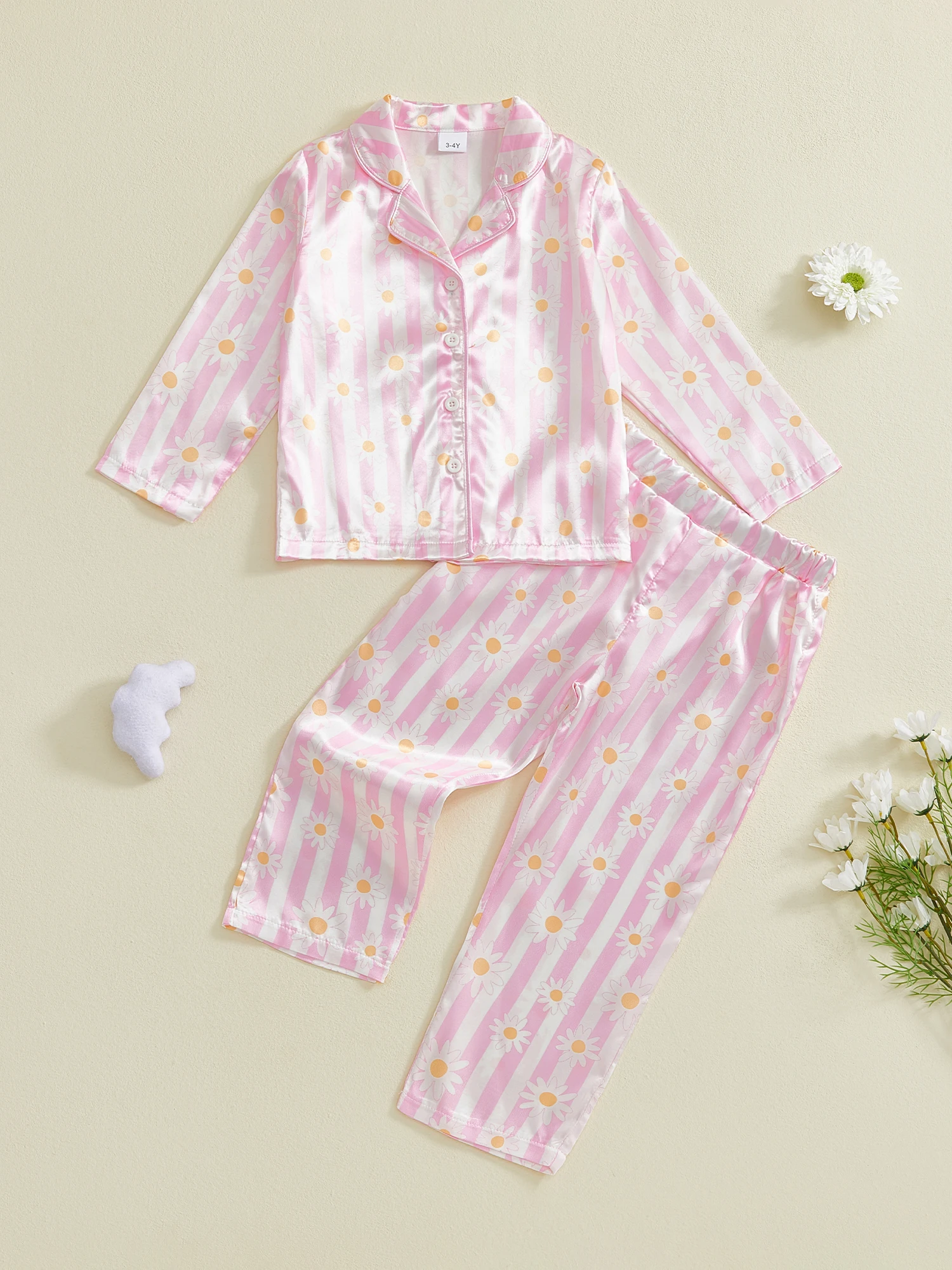 

Girls Cozy Satin Pajama Set featuring Long Sleeve Daisy Print Top and Elastic Waist Lounge Pants for Ultimate Comfort