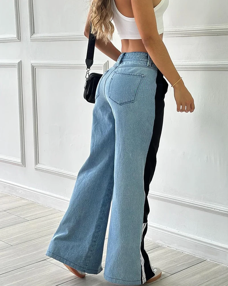 Vintage Side Stripe Baggy Jeans Woman High Waist Splicing Straight Loose Wide Leg Denim Trousers Streetwear Cargo Pants Y2k