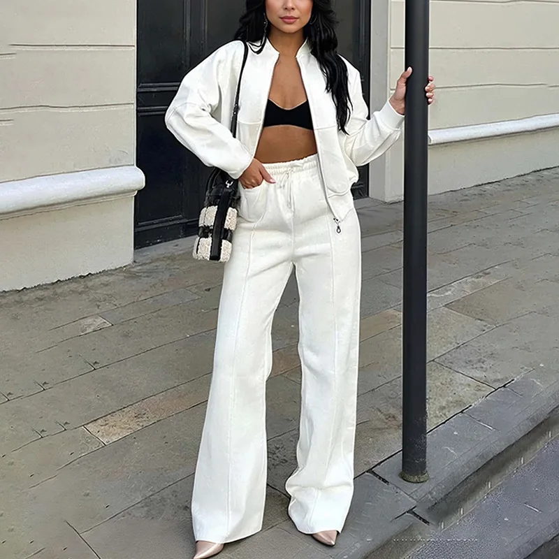 

Autumn And Winter Long Sleeves Solid Color Zipper Jacket Wide-leg Trousers Loose Office Commuting Women's Fall Outfit Set