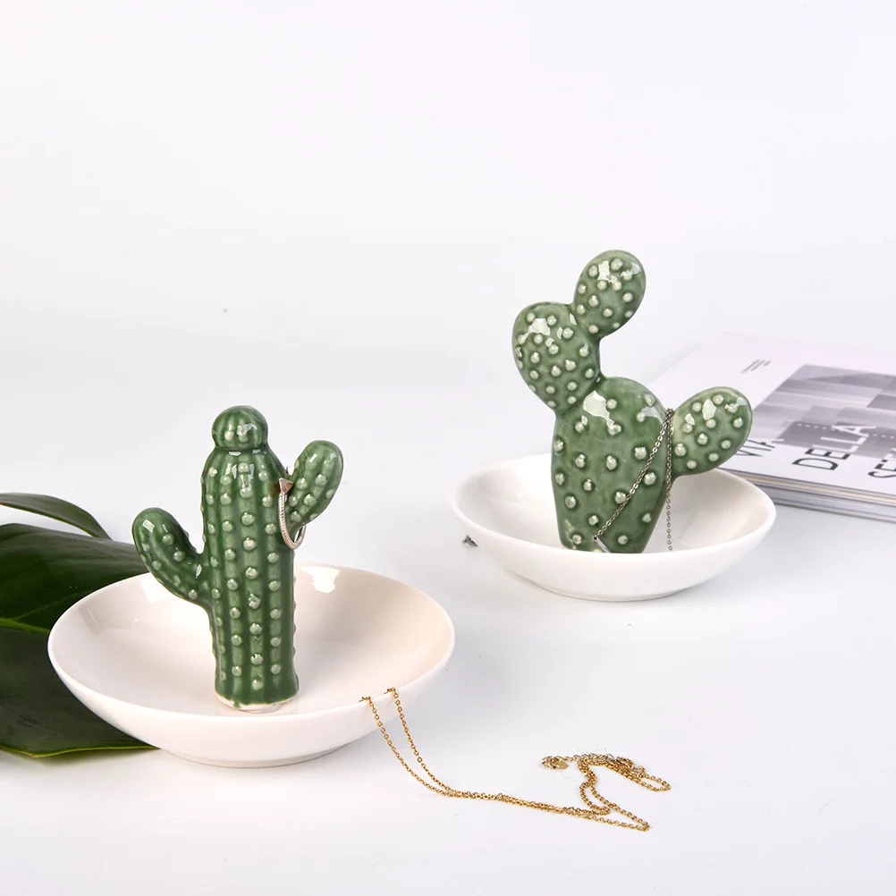 صينية مجوهرات من البورسلين على شكل صبار، حامل منظم مستطيل صغير للخواتم والأقراط والأساور لتخزين المفاتيح وتزيين الهدايا