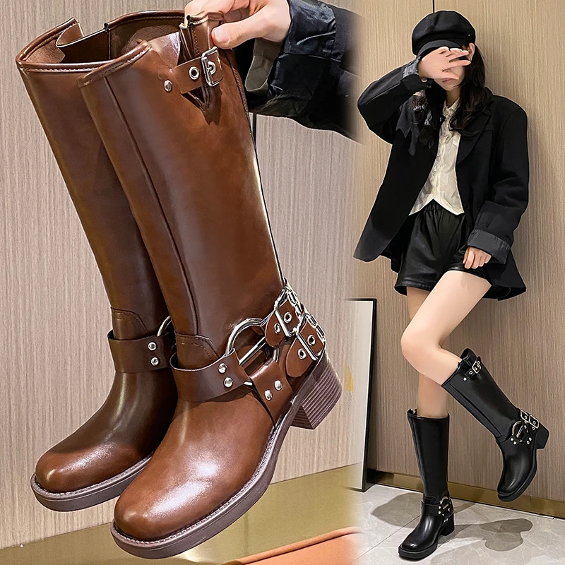 Summer New Women's Long Boots Thick Heel Belt Buckle Anti Slip Slim Boots Retro Fashion Motorcycle Rider Boots Zapatos Mujer