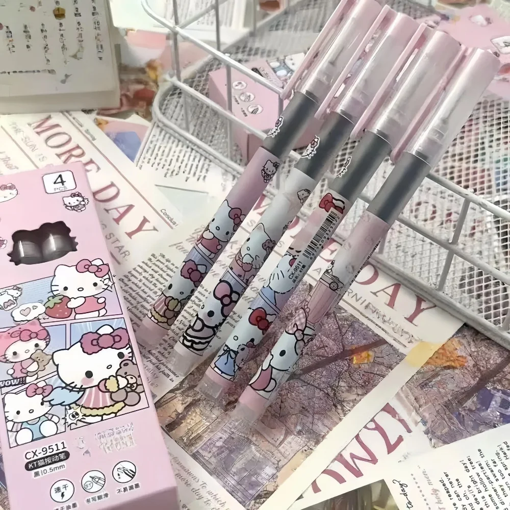 

4pcs/box Cute Hello Kitty Rollerball Pens, INS Style Cartoon Quick-Dry Liquid Ink Pens, 0.5mm Black, School & Office Stationery
