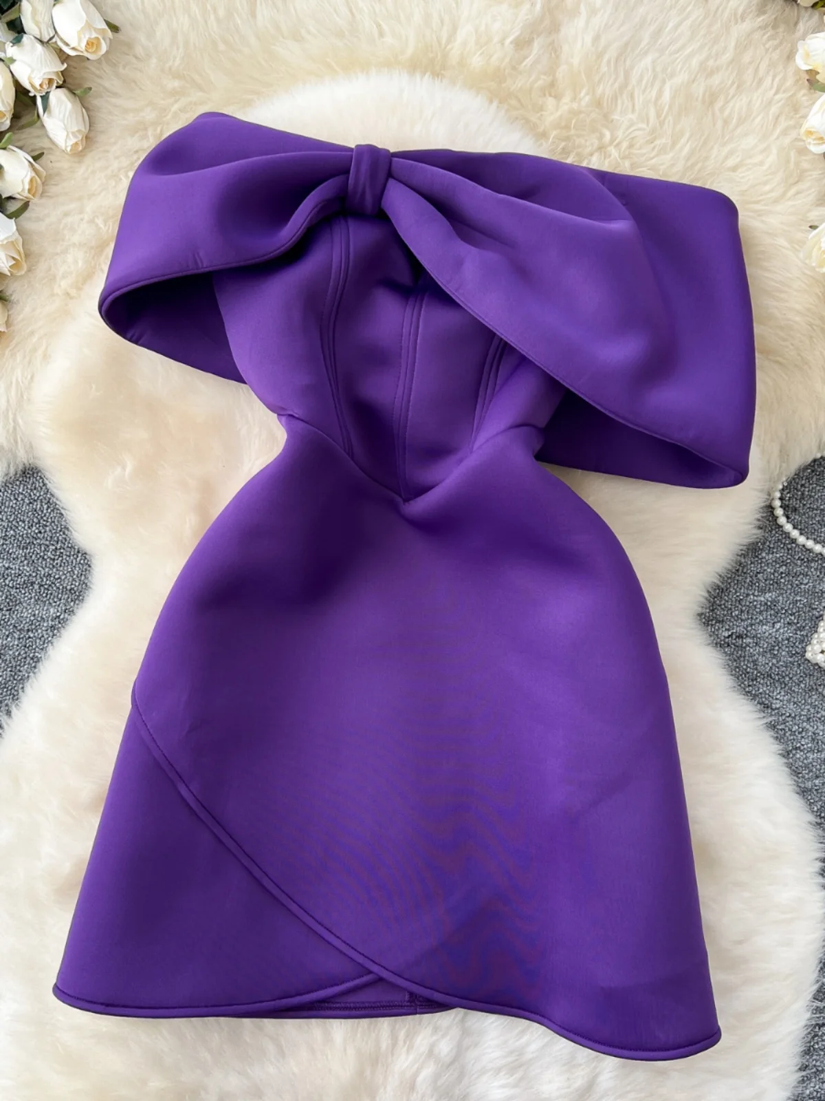 Ele  Knot Design Women's Par Dr High Waist A-Line Skirt Slimming Gown Korean Sle Long Sve Mid-Length