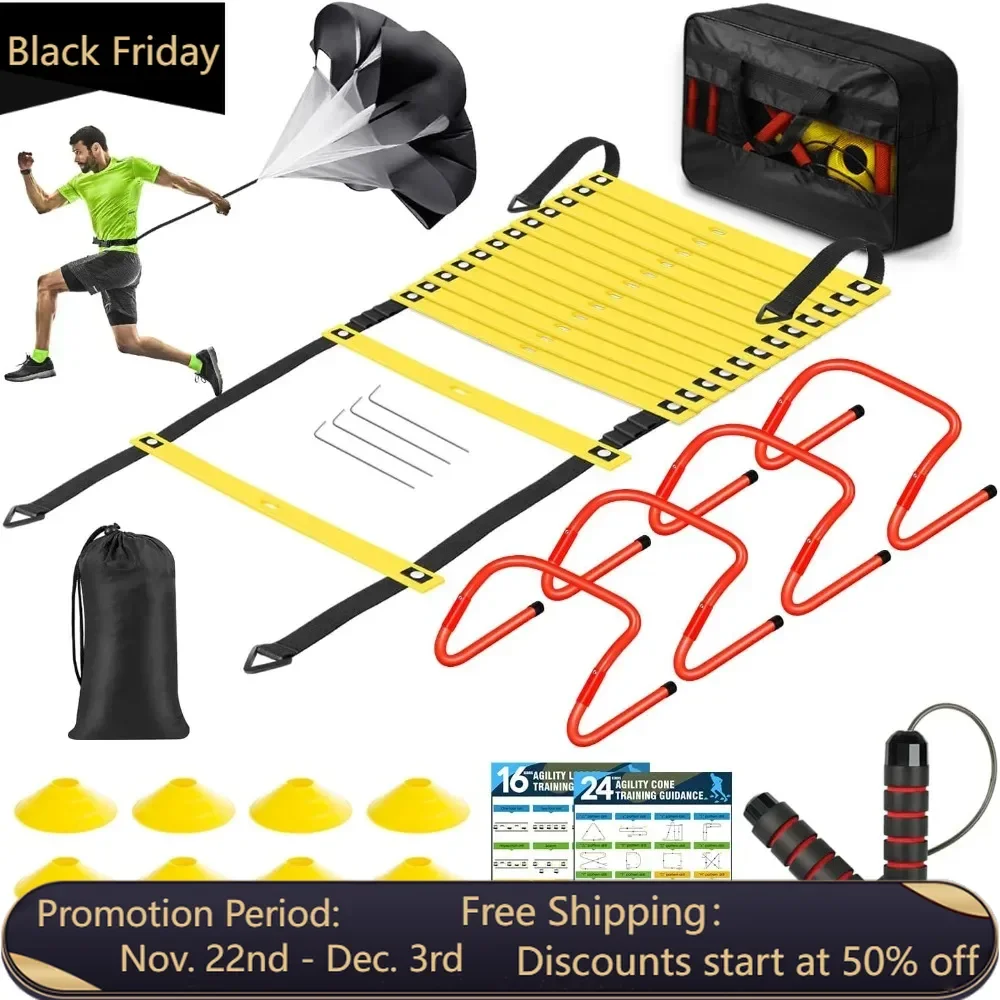 Basketball and soccer training equipment, 20 foot agile ladder, 12 soccer cones, 4 hurdles, skipping rope, running parachute