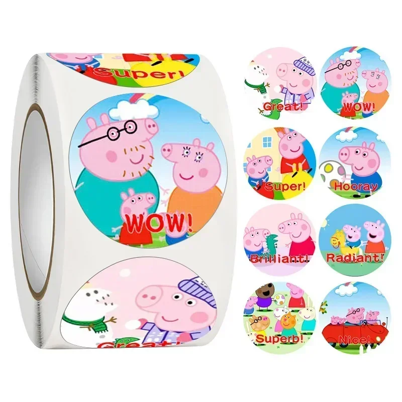 Pegatina de Peppa Pig George para jardín de infantes, juguete de dibujos animados de familia de cerdo, padre y madre, regalo de cumpleaños para niños, 500 piezas por rollo