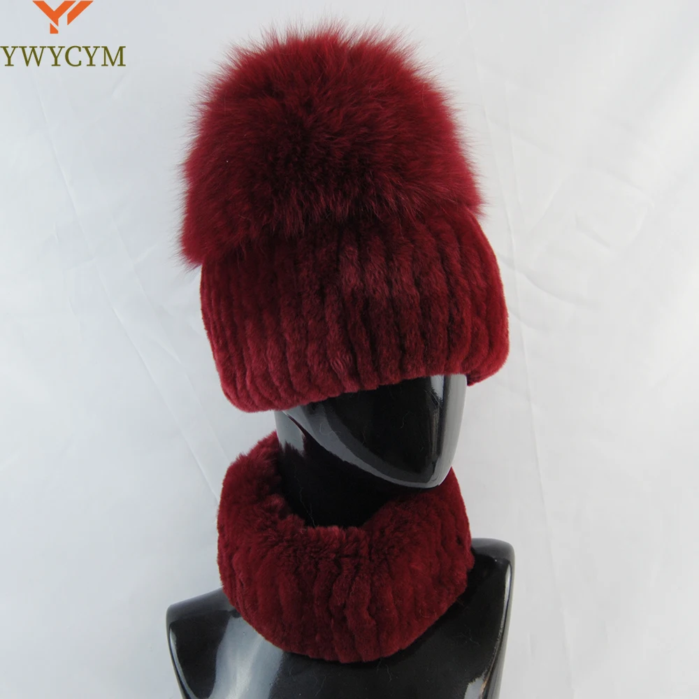 

New Women Winter Warm Real Rex Rabbit Fur Hat Scarves Lady Good Elasticity Knitted Rex Rabbit Fur Hat Scarf Sets Top Fox Fur Hat