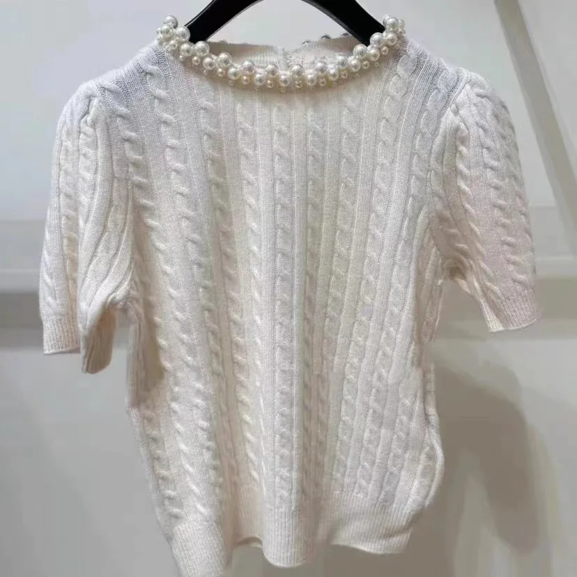 Women Tees Pearl Trim Twist O-neck Casual 2024 Summer New Short Sleeve Knitted Tops