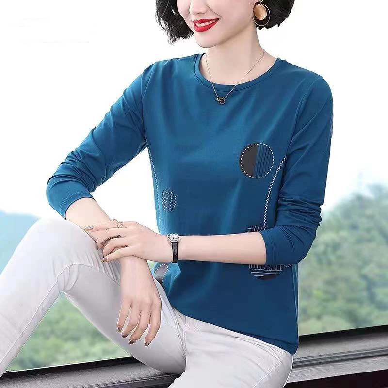 Spring Autumn New Fashion Elegance Printed T-Shirts Women\'s Clothing All Match Casual Aesthetic Undershirt Pullovers O Neck Tops